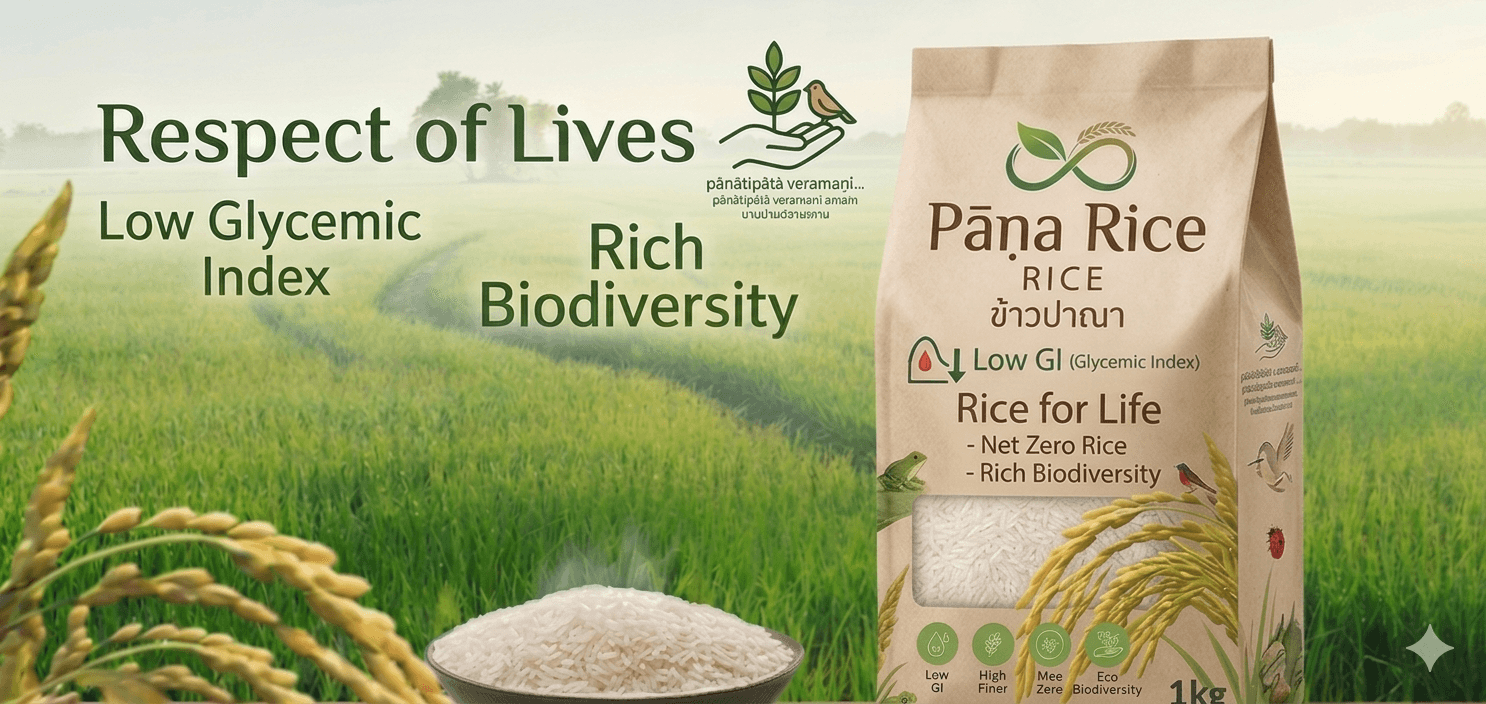 Pāṇa Rice — paper bag of rice with rice fields, a bowl of cooked rice, and golden grain