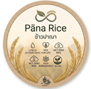 Pāṇa Rice — paper bag of rice with rice fields, a bowl of cooked rice, and golden grain